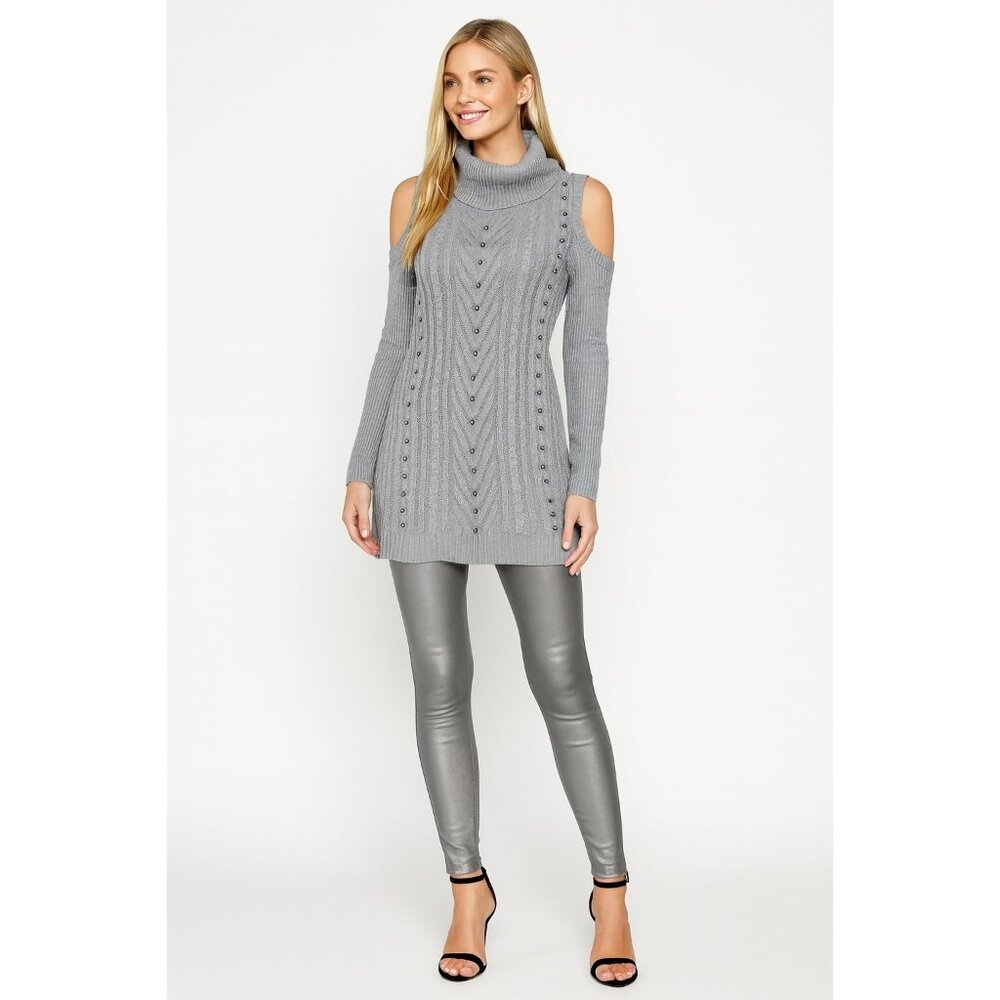 NWOT Bellini Gray L Cold Shoulder Knit Tunic Sweater Dress Turtleneck